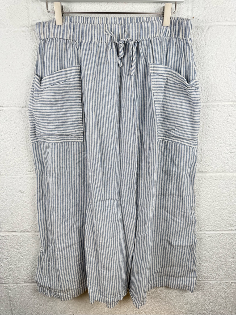 LINTICO Marina 100% Linen Blue White Striped Midi Skirt Pockets Size L